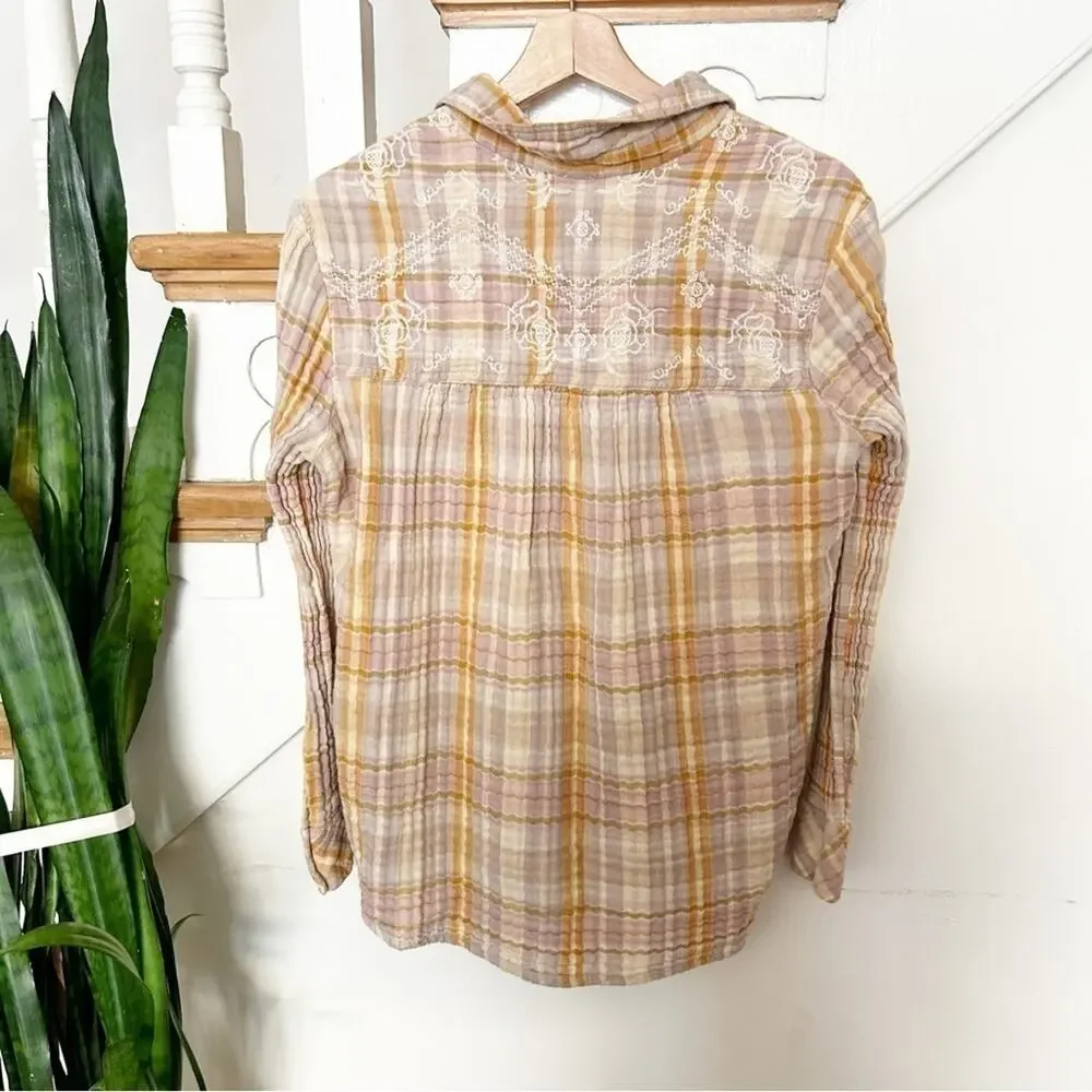 Free People Magic Plaid Button Down Long Sleeve Embroidered Shirt Top Size XS